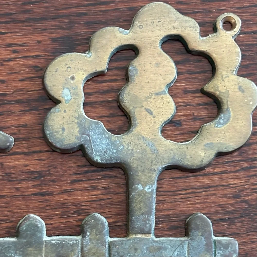 Vintage Brass House Tree Picket Fence Wall Mount Key Holder Rack 5 Hooks Taiwan